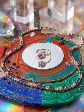 Multicolor tennis necklace with matching ring